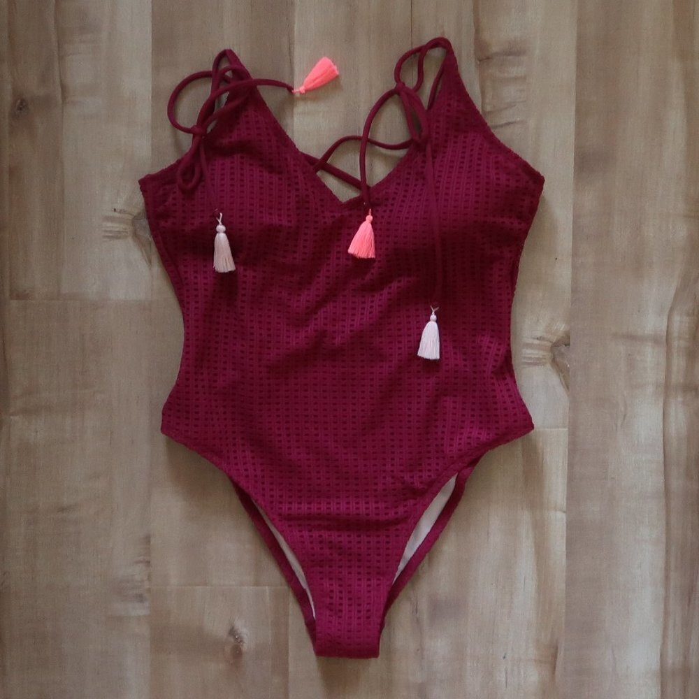 NEW Crochet Swimsuit w Tassels in Purple / Maroon